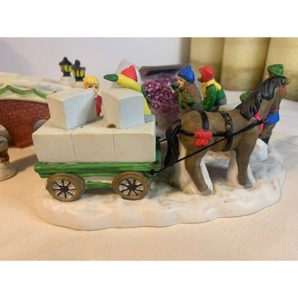 Vintage Hand-Painted Ceramic Christmas Village Set with Bridge Children Horse & - Picture 5 of 9